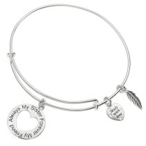 925 Sterling Silver "Always My Sister Forever My Friend" Love Heart Feather Dangle Charm Adjustable Wire Bangle Bracelet