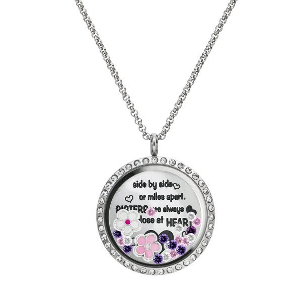 316l Stainless Steel Family Sister Love Daisy Flower Round Floating Locket Crystals Charm Chain Necklace Pendant 30mm