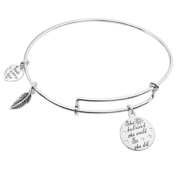 925 Sterling Silver "She Believed She Could so She Did" Heart Feather Dangle Charm Adjustable Wire Bangle Bracelet