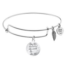 925 Sterling Silver "She Believed She Could so She Did" Heart Feather Dangle Charm Adjustable Wire Bangle Bracelet