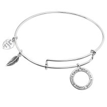 925 Sterling Silver ″What Goes Around, Comes Around Karma″ Heart Feather Dangle Charm Adjustable Wire Bangle Bracelet