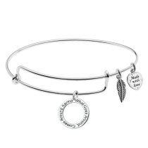 925 Sterling Silver "What Goes Around, Comes Around Karma" Heart Feather Dangle Charm Adjustable Wire Bangle Bracelet