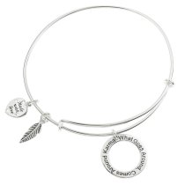925 Sterling Silver "What Goes Around, Comes Around Karma" Heart Feather Dangle Charm Adjustable Wire Bangle Bracelet