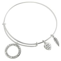 925 Sterling Silver "What Goes Around, Comes Around Karma" Heart Feather Dangle Charm Adjustable Wire Bangle Bracelet