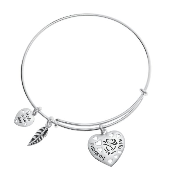925 Sterling Silver Rose Husband & Wife Heart Feather Dangle Charm Adjustable Wire Bangle Bracelet