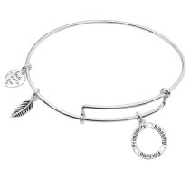 925 Sterling Silver Prosperity Blessing Fortune Heart Feather Dangle Charm Adjustable Wire Bangle Bracelet