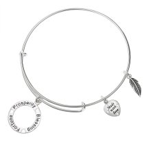 925 Sterling Silver Prosperity Blessing Fortune Heart Feather Dangle Charm Adjustable Wire Bangle Bracelet