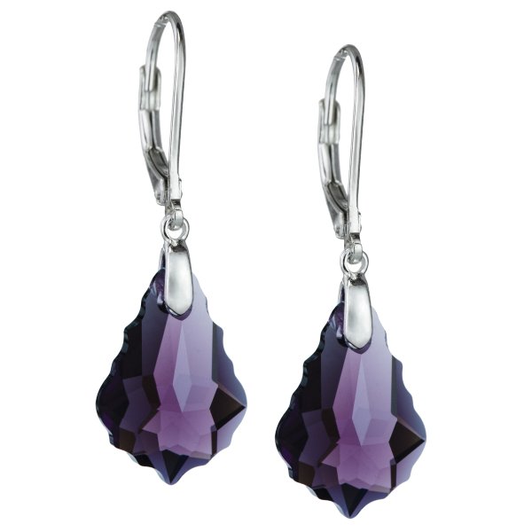2x Sterling Silver Baroque Amethyst Purple Crystals Leverback Dangle Earrings Using Swarovski Elements