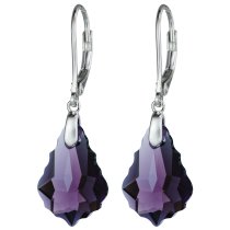 2x Sterling Silver Baroque Amethyst Purple Crystals Leverback Dangle Earrings Using Swarovski Elements
