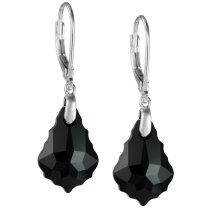 2x Sterling Silver Baroque Jet Black Crystals Leverback Dangle Earrings Using Swarovski Elements