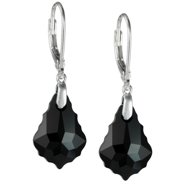 2x Sterling Silver Baroque Jet Black Crystals Leverback Dangle Earrings Using Swarovski Elements