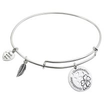 925 Sterling Silver Flower Grandmother & Granddaughter Heart Feather Dangle Charm Adjustable Wire Bangle Bracelet