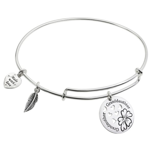 925 Sterling Silver Flower Grandmother & Granddaughter Heart Feather Dangle Charm Adjustable Wire Bangle Bracelet