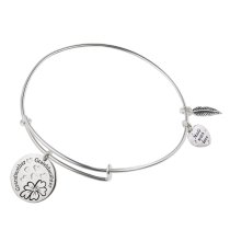 925 Sterling Silver Flower Grandmother & Granddaughter Heart Feather Dangle Charm Adjustable Wire Bangle Bracelet