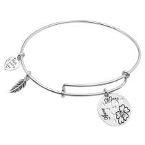 925 Sterling Silver Rose Aunt & Niece Heart Feather Dangle Charm Adjustable Wire Bangle Bracelet