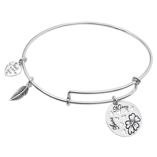 925 Sterling Silver Rose Aunt & Niece Heart Feather Dangle Charm Adjustable Wire Bangle Bracelet