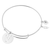 925 Sterling Silver Rose Aunt & Niece Heart Feather Dangle Charm Adjustable Wire Bangle Bracelet