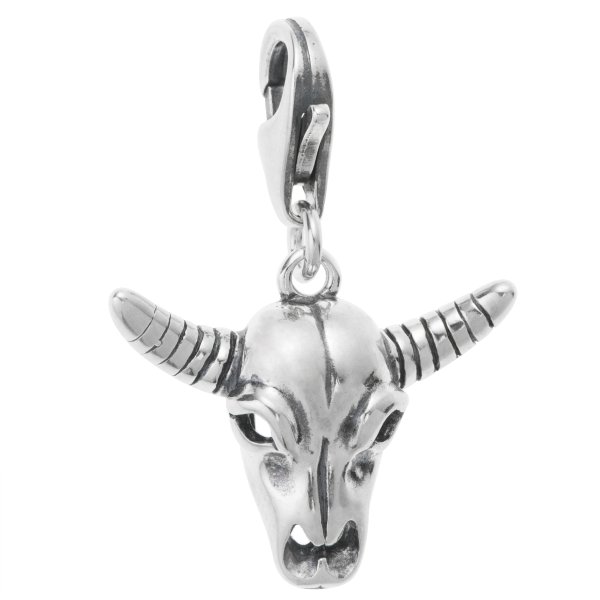 Antique 925 Sterling Silver Bull Cow Skull Dangle Bead Pendant European Lobster Clip on Charm