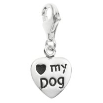 925 Sterling Silver Love My Dog Heart Dangle Bead Pendant European Lobster Clip on Charm