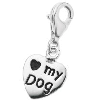 925 Sterling Silver Love My Dog Heart Dangle Bead Pendant European Lobster Clip on Charm