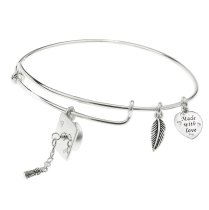925 Sterling Silver Graduation Hat Made with Love Heart Feather Dangle Charm Adjustable Wire Bangle Bracelet