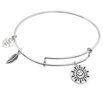925 Sterling Silver My Sunshine Smiley Dangle Charm Adjustable Wire Bangle Bracelet