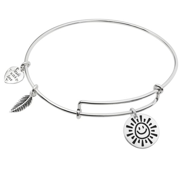925 Sterling Silver My Sunshine Smiley Dangle Charm Adjustable Wire Bangle Bracelet