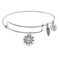 925 Sterling Silver My Sunshine Smiley Dangle Charm Adjustable Wire Bangle Bracelet