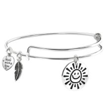 925 Sterling Silver My Sunshine Smiley Dangle Charm Adjustable Wire Bangle Bracelet