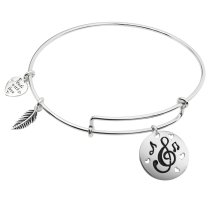 925 Sterling Silver Love & Music Heart Feather Dangle Charm Adjustable Wire Bangle Bracelet