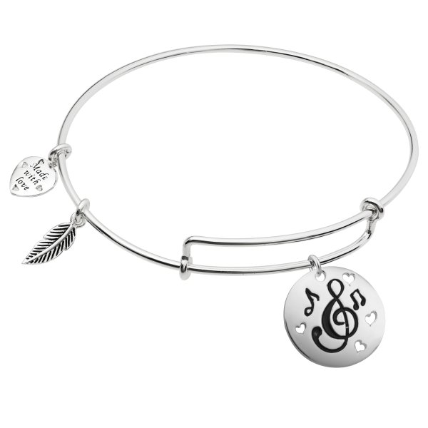 925 Sterling Silver Love & Music Heart Feather Dangle Charm Adjustable Wire Bangle Bracelet