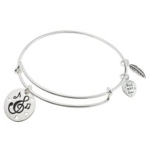 925 Sterling Silver Love & Music Heart Feather Dangle Charm Adjustable Wire Bangle Bracelet