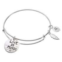 925 Sterling Silver Love & Music Heart Feather Dangle Charm Adjustable Wire Bangle Bracelet