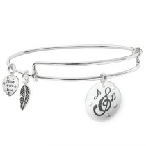 925 Sterling Silver Love & Music Heart Feather Dangle Charm Adjustable Wire Bangle Bracelet