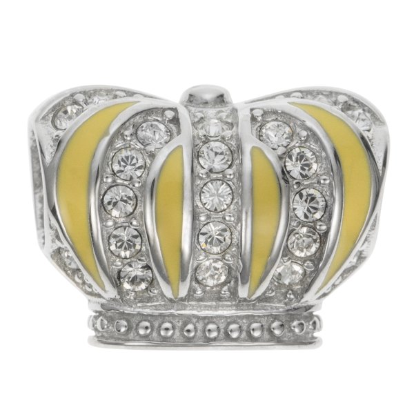 Rhodium on 925 Sterling Silver Yellow Enamel Royal King Crown Clear CZ Crystal Bead for European Charm Bracelets