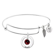 925 Sterling Silver Birthstone January Red Crystal Charm Adjustable Wire Bangle Bracelet