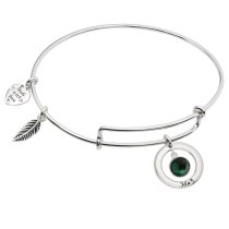 925 Sterling Silver Birthstone May Green Crystal Charm Adjustable Wire Bangle Bracelet