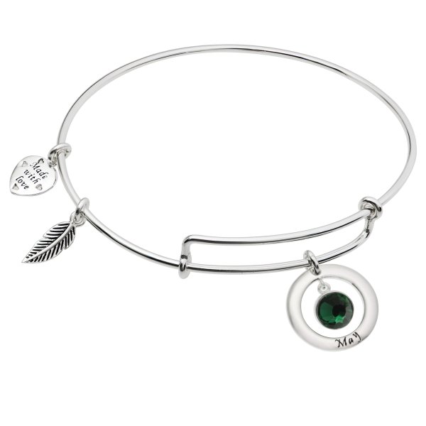 925 Sterling Silver Birthstone May Green Crystal Charm Adjustable Wire Bangle Bracelet