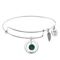 925 Sterling Silver Birthstone May Green Crystal Charm Adjustable Wire Bangle Bracelet