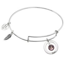 925 Sterling Silver Birthstone June Purple Crystal Charm Adjustable Wire Bangle Bracelet