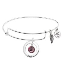 925 Sterling Silver Birthstone June Purple Crystal Charm Adjustable Wire Bangle Bracelet