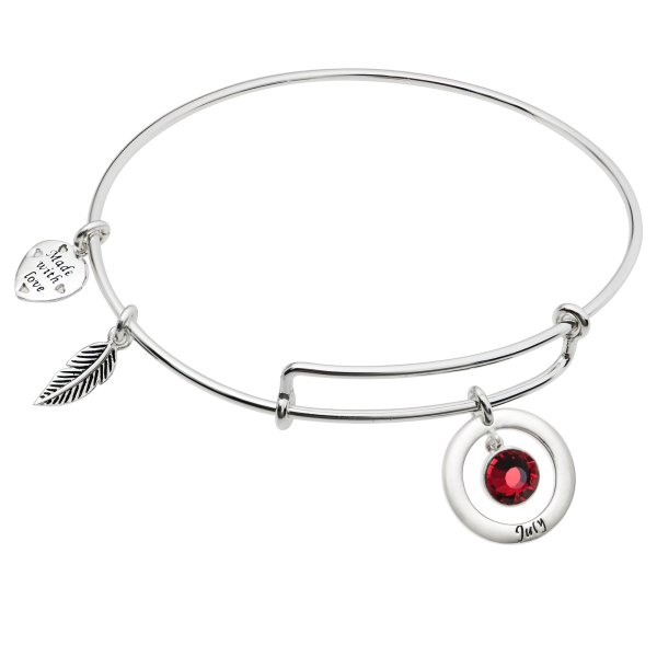 925 Sterling Silver Birthstone July Red Crystal Charm Adjustable Wire Bangle Bracelet