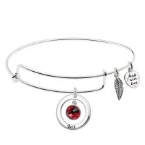 925 Sterling Silver Birthstone July Red Crystal Charm Adjustable Wire Bangle Bracelet