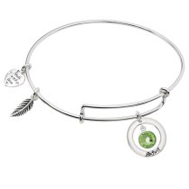 925 Sterling Silver Birthstone August Green Crystal Charm Adjustable Wire Bangle Bracelet
