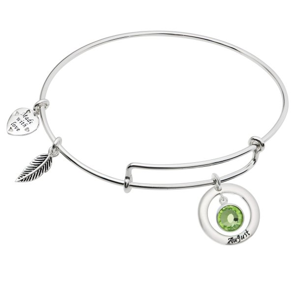 925 Sterling Silver Birthstone August Green Crystal Charm Adjustable Wire Bangle Bracelet