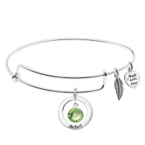 925 Sterling Silver Birthstone August Green Crystal Charm Adjustable Wire Bangle Bracelet