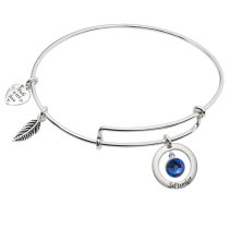 925 Sterling Silver Birthstone September Blue Crystal Charm Adjustable Wire Bangle Bracelet