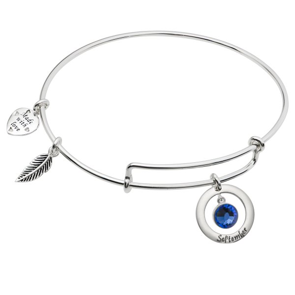 925 Sterling Silver Birthstone September Blue Crystal Charm Adjustable Wire Bangle Bracelet