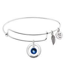 925 Sterling Silver Birthstone September Blue Crystal Charm Adjustable Wire Bangle Bracelet
