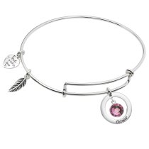 925 Sterling Silver Birthstone October Pink Crystal Charm Adjustable Wire Bangle Bracelet